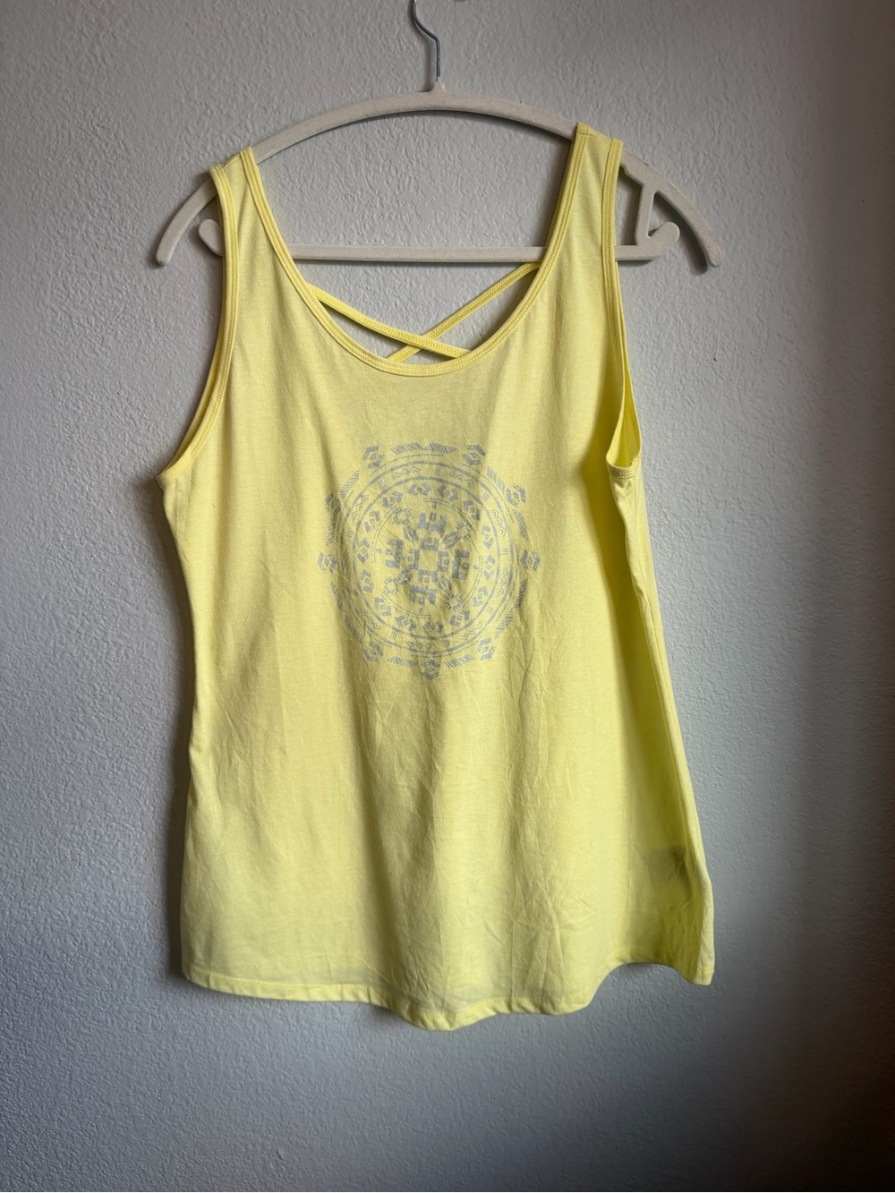 Columbia Yellow Tank with Crisscross Back and Front Graphic